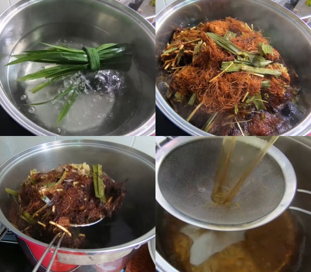 Đun cho ra hết nước, các bạn lọc bỏ phần xác . Nấu nước sâm