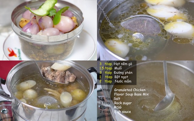 Cho gia vị tạo thơm vào giỏ lưới hầm cùng nước xương phở gà