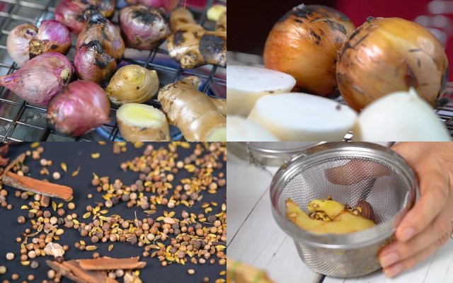 Nướng hành, gừng. Rang gia vị tạo thơm cho phở gà