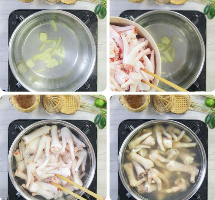 Luộc chân gà chín tới rồi ngâm trong thau nước đá cho giòn