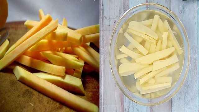 Ngâm khoai lang trong chậu nước lạnh hòa thêm chút muối