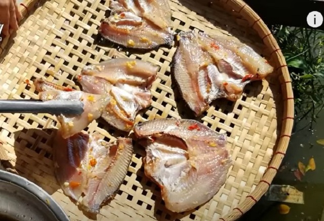 Phơi cá rô phi dưới nắng to cho tới khi thịt khô săn lại